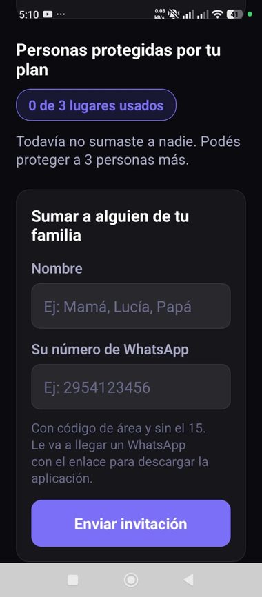 Pantalla para sumar familiares al plan