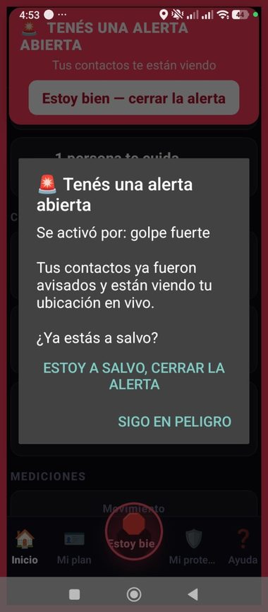 Alerta activada por un golpe fuerte detectado por el acelerómetro