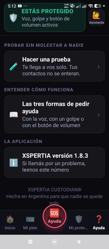 Pantalla de ayuda con la opción de hacer una prueba