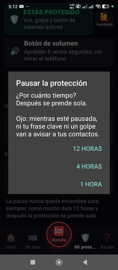 Opciones para pausar la protección por 1, 4 o 12 horas